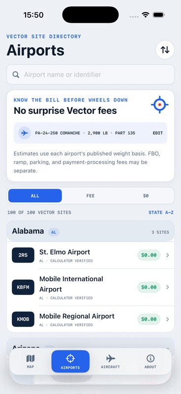 Fee Radar state-sorted airport directory on iPhone
