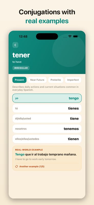 VerboMX conjugation table with a highlighted example sentence